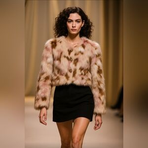 NIMO WANG Faux Fur Jacket Multicolor Pink Brown White |Boho Statement Outerwear